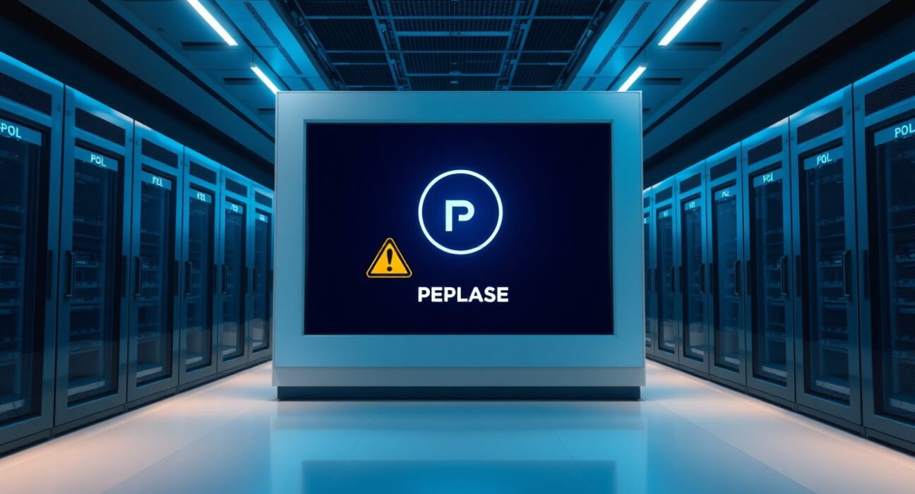 Bithumb exchange server room with POL token maintenance warning on digital screen