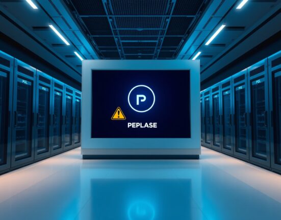 Bithumb exchange server room with POL token maintenance warning on digital screen