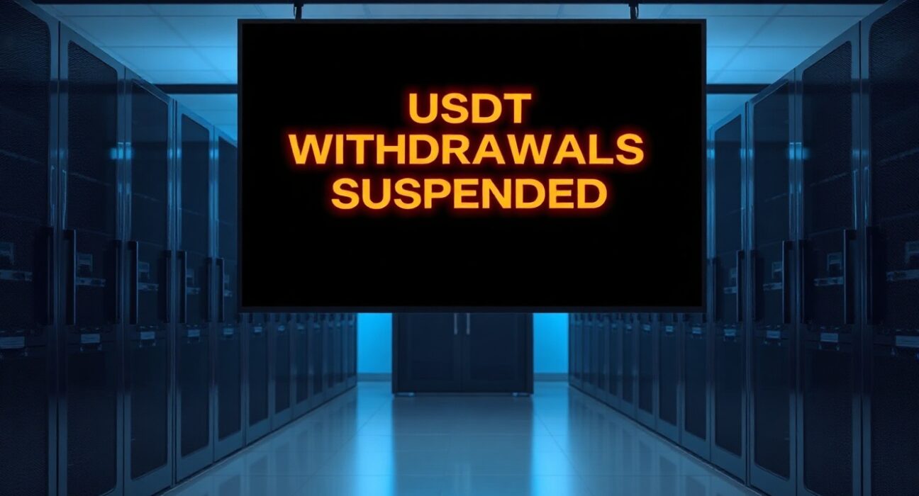 Digital display showing USDT withdrawal suspension at a cryptocurrency exchange data center