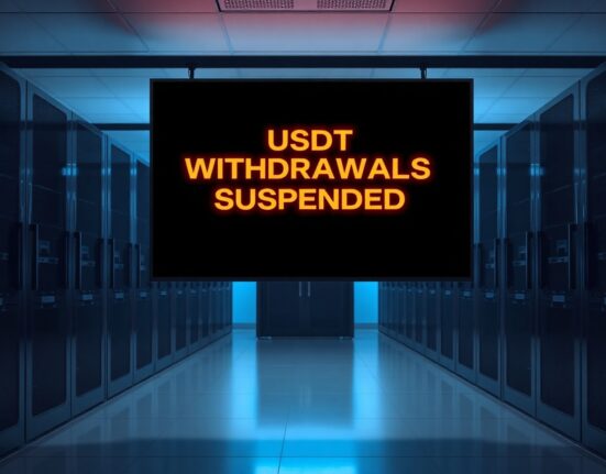 Digital display showing USDT withdrawal suspension at a cryptocurrency exchange data center