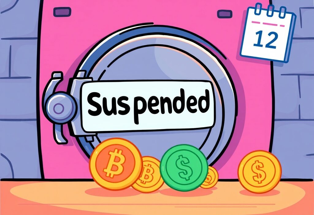 A cartoon illustration showing a temporary halt of POKT token transactions at a crypto exchange, indicating the Bithumb POKT suspension for an upgrade.