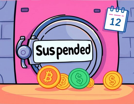A cartoon illustration showing a temporary halt of POKT token transactions at a crypto exchange, indicating the Bithumb POKT suspension for an upgrade.