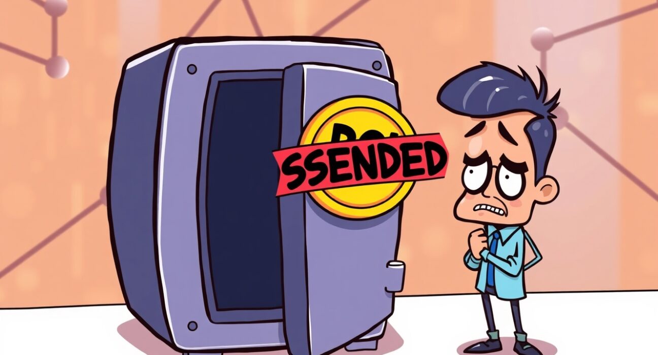 Cartoon illustration showing a suspended Bithumb POL suspension, affecting a Polygon Ecosystem Token holder.