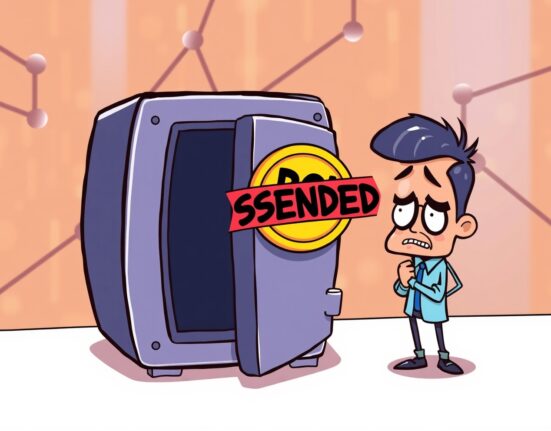 Cartoon illustration showing a suspended Bithumb POL suspension, affecting a Polygon Ecosystem Token holder.