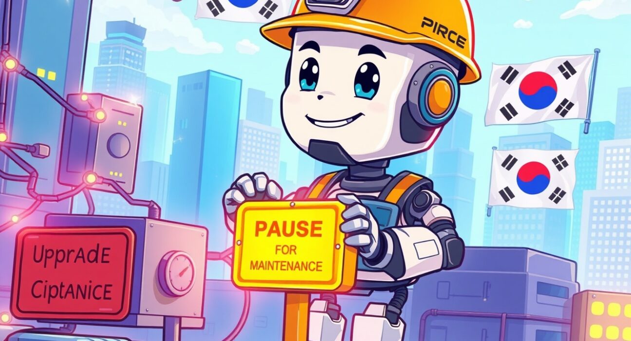 A cartoon robot performing a crucial network upgrade on the Bithumb exchange for the POL token.