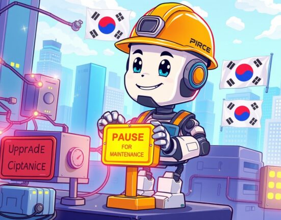 A cartoon robot performing a crucial network upgrade on the Bithumb exchange for the POL token.