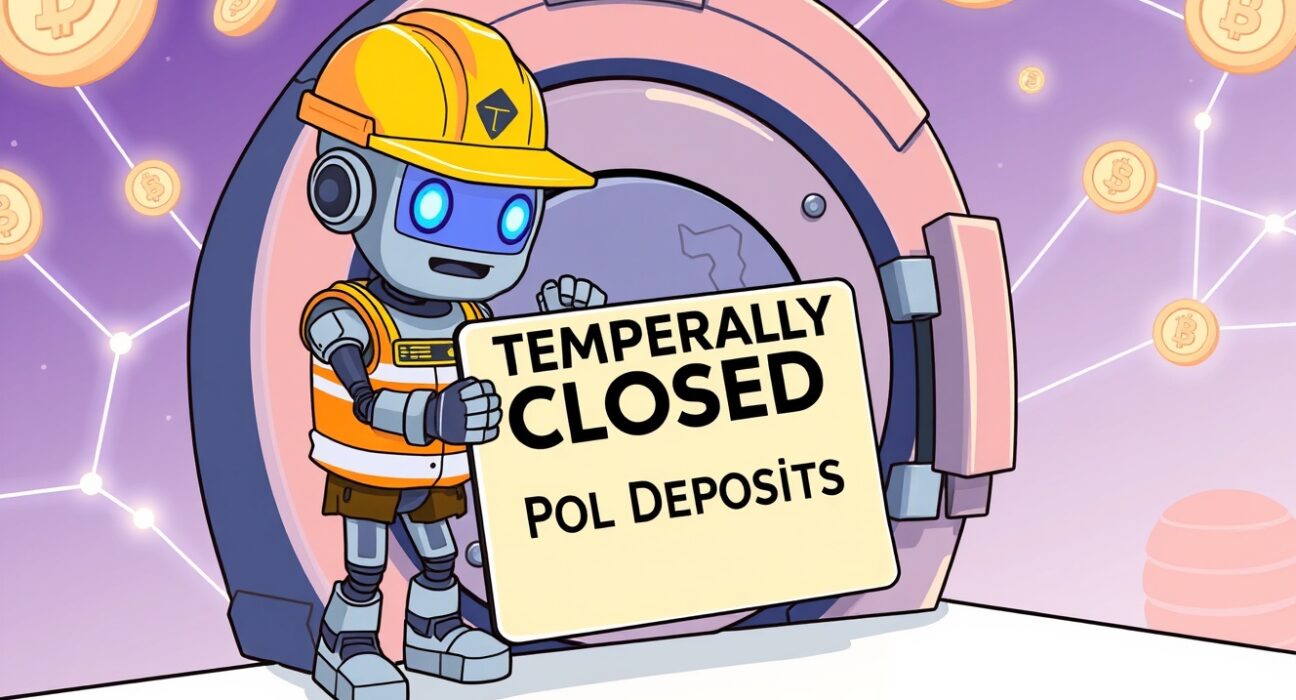 Cartoon illustration explaining the Bithumb POL suspension for a network upgrade, showing a temporary halt on token movements.