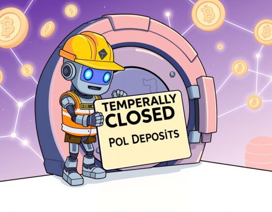 Cartoon illustration explaining the Bithumb POL suspension for a network upgrade, showing a temporary halt on token movements.