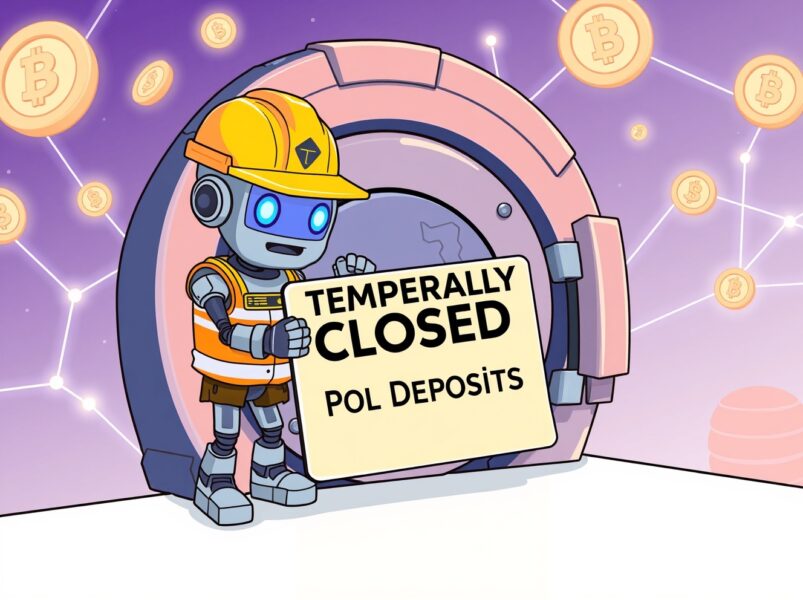 Cartoon illustration explaining the Bithumb POL suspension for a network upgrade, showing a temporary halt on token movements.