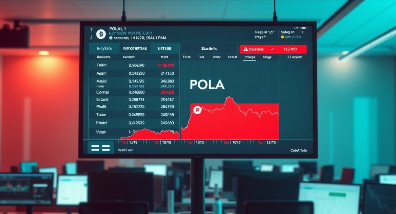 Digital screen showing POLA token delisting warning on a cryptocurrency exchange interface in a newsroom setting