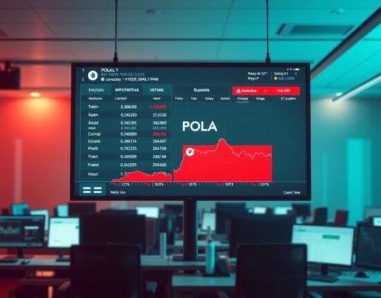 Digital screen showing POLA token delisting warning on a cryptocurrency exchange interface in a newsroom setting