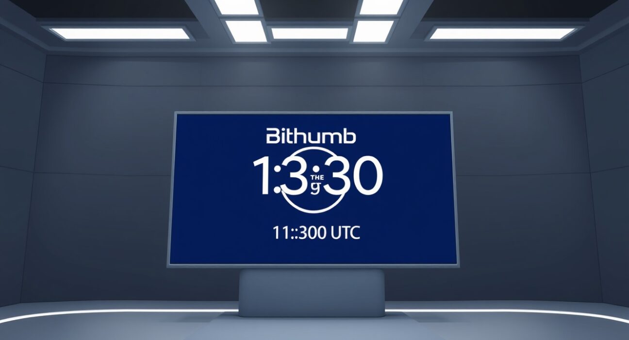 Bithumb PRL listing delay announcement on digital screen with countdown timer