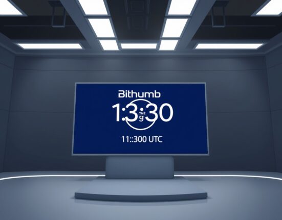 Bithumb PRL listing delay announcement on digital screen with countdown timer