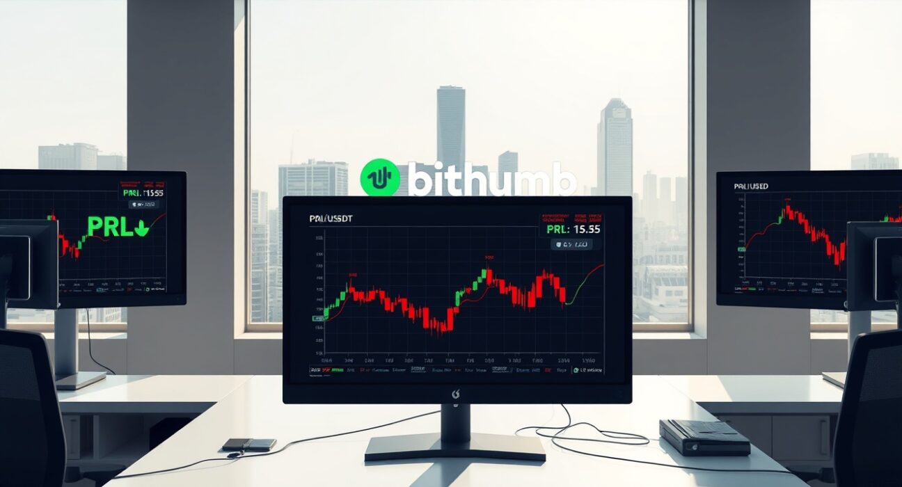 Bithumb PRL listing trading terminal showing real-time price charts on a professional cryptocurrency exchange desk in Seoul