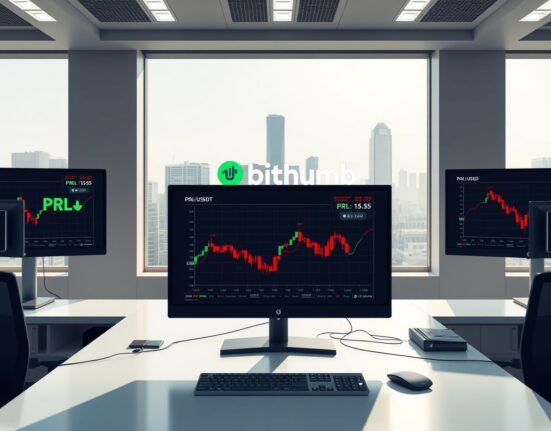 Bithumb PRL listing trading terminal showing real-time price charts on a professional cryptocurrency exchange desk in Seoul
