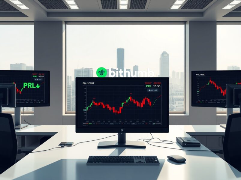 Bithumb PRL listing trading terminal showing real-time price charts on a professional cryptocurrency exchange desk in Seoul