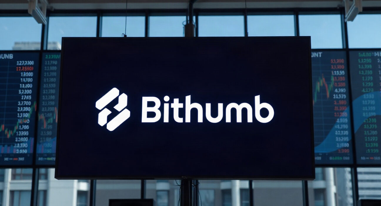Bithumb exchange logo displayed on a screen in a modern trading environment