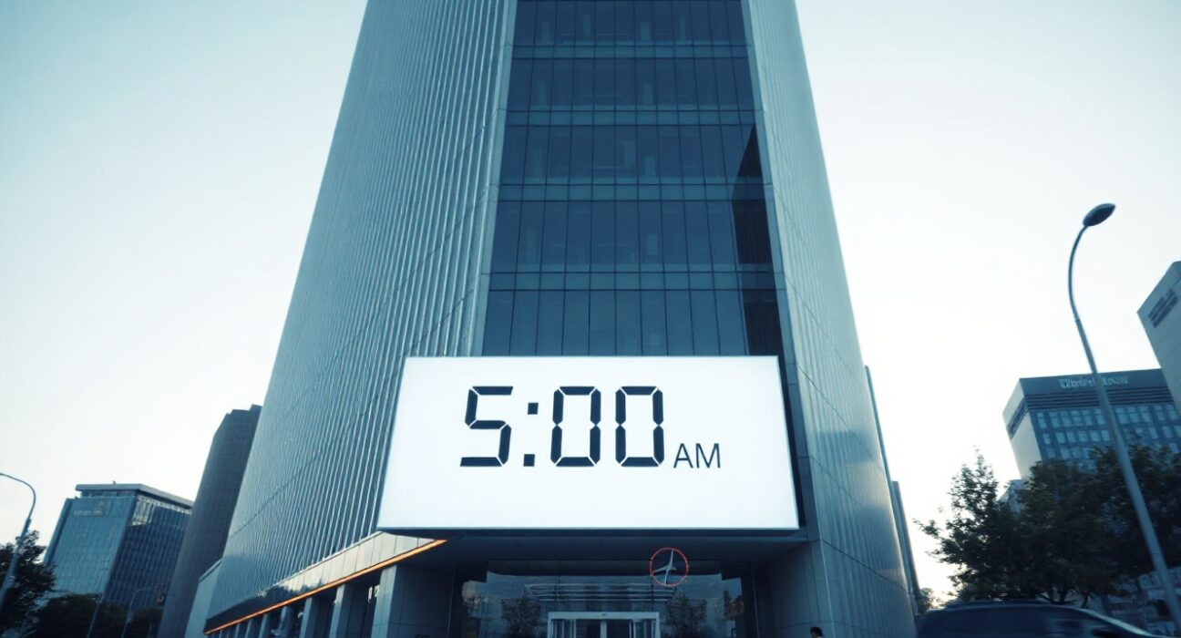 Exterior of a modern financial building in Seoul representing Bithumb, with a digital overlay of blockchain nodes and a clock.