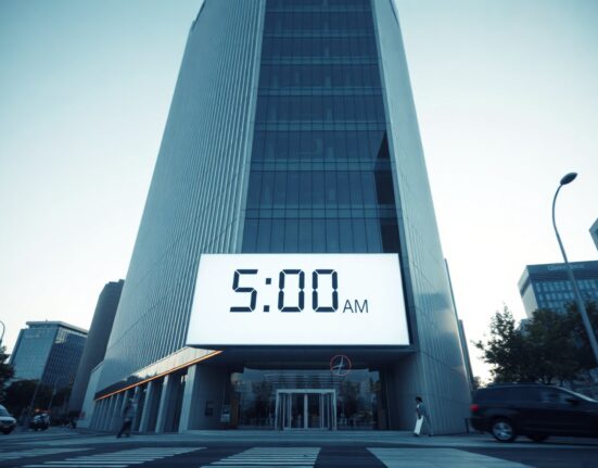 Exterior of a modern financial building in Seoul representing Bithumb, with a digital overlay of blockchain nodes and a clock.