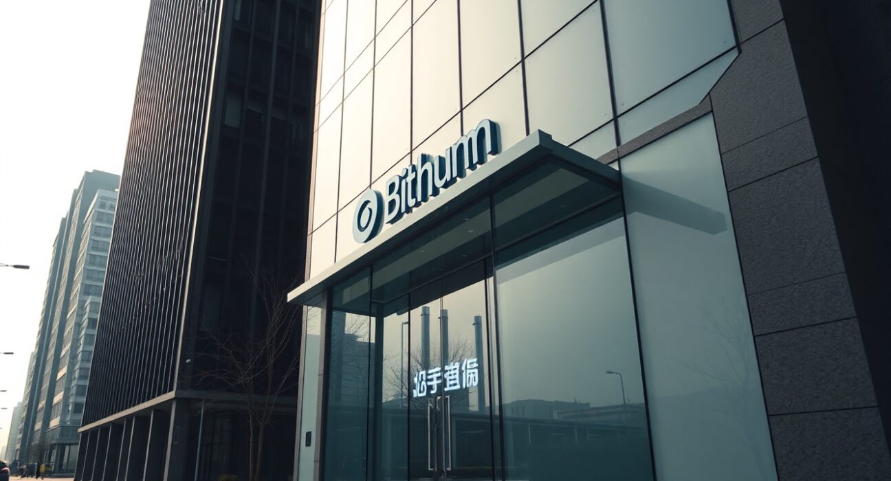 Exterior of a modern office building in Seoul with Bithumb logo visible, representing the company's financial results.