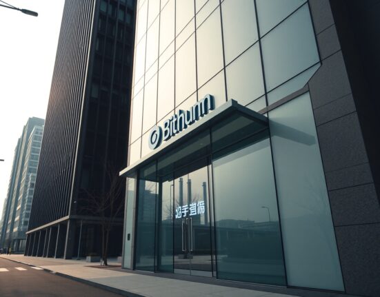 Exterior of a modern office building in Seoul with Bithumb logo visible, representing the company's financial results.