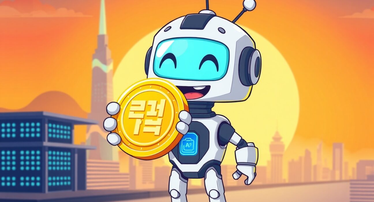 A vibrant cartoon robot holds the new CONX coin, symbolizing Bithumb's strategic rebranding and fresh start.