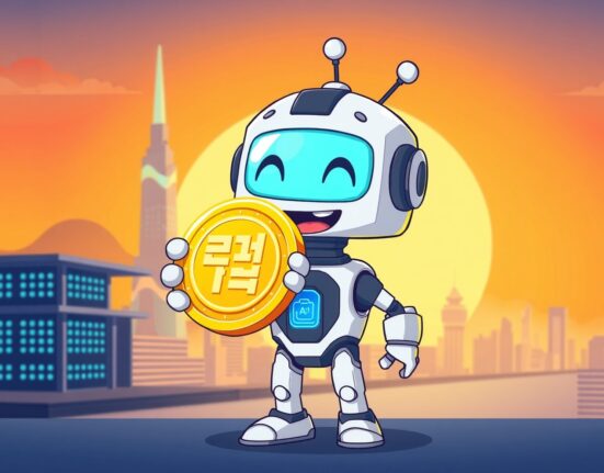 A vibrant cartoon robot holds the new CONX coin, symbolizing Bithumb's strategic rebranding and fresh start.