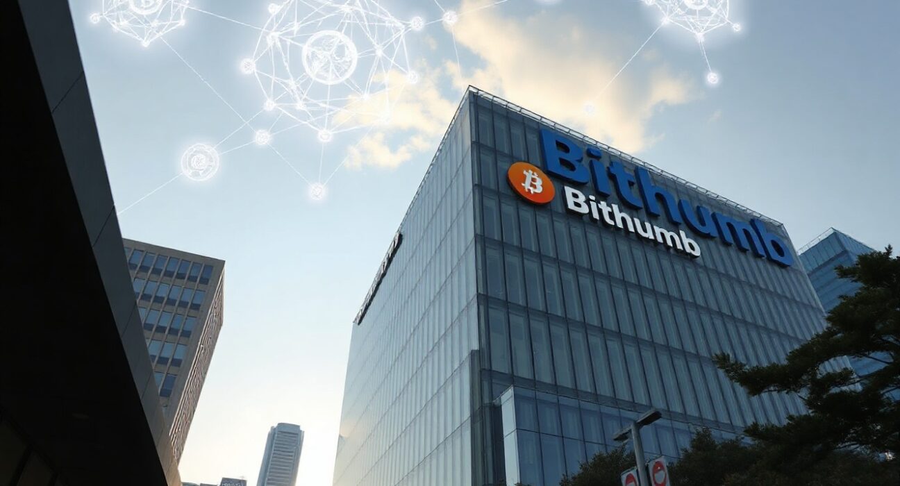 Bithumb exchange building in Seoul, South Korea, with digital cryptocurrency symbols in the sky, representing digital asset operations and regulatory oversight.