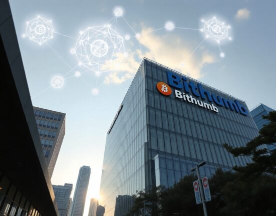 Bithumb exchange building in Seoul, South Korea, with digital cryptocurrency symbols in the sky, representing digital asset operations and regulatory oversight.