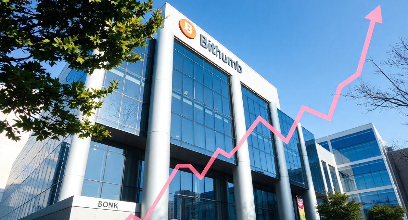 Bithumb exchange building in Seoul with a digital BONK chart overlay, symbolizing the token's removal from the delisting watchlist.