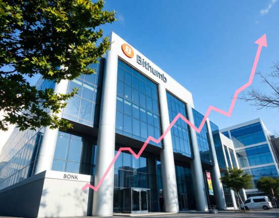 Bithumb exchange building in Seoul with a digital BONK chart overlay, symbolizing the token's removal from the delisting watchlist.