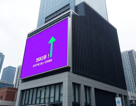 Bithumb removes DOT from delisting watchlist displayed on a digital screen outside a modern Seoul office building.