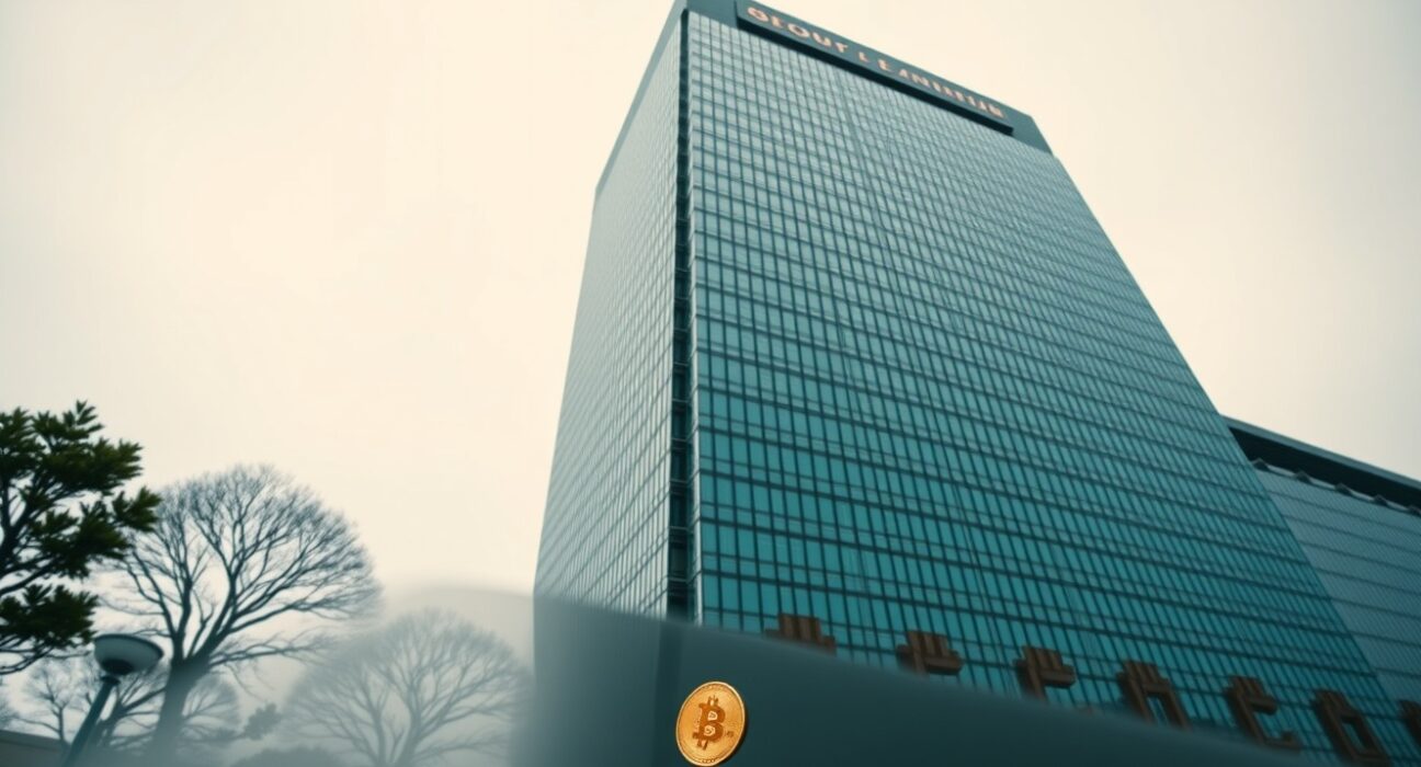 Exterior of a modern financial regulatory building in Seoul, South Korea, with a subtle Bitcoin symbol in the foreground.