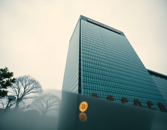 Exterior of a modern financial regulatory building in Seoul, South Korea, with a subtle Bitcoin symbol in the foreground.