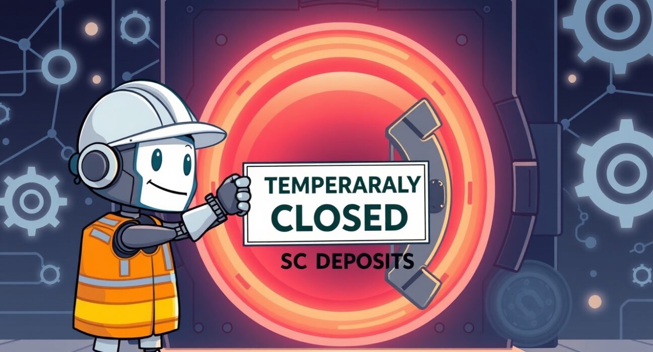 Bithumb SC suspension for a network upgrade illustrated as a friendly robot maintenance operation on a digital vault.