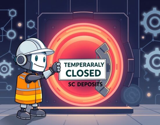 Bithumb SC suspension for a network upgrade illustrated as a friendly robot maintenance operation on a digital vault.