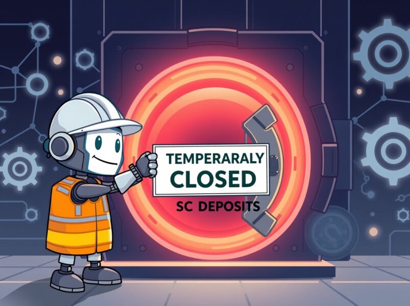 Bithumb SC suspension for a network upgrade illustrated as a friendly robot maintenance operation on a digital vault.