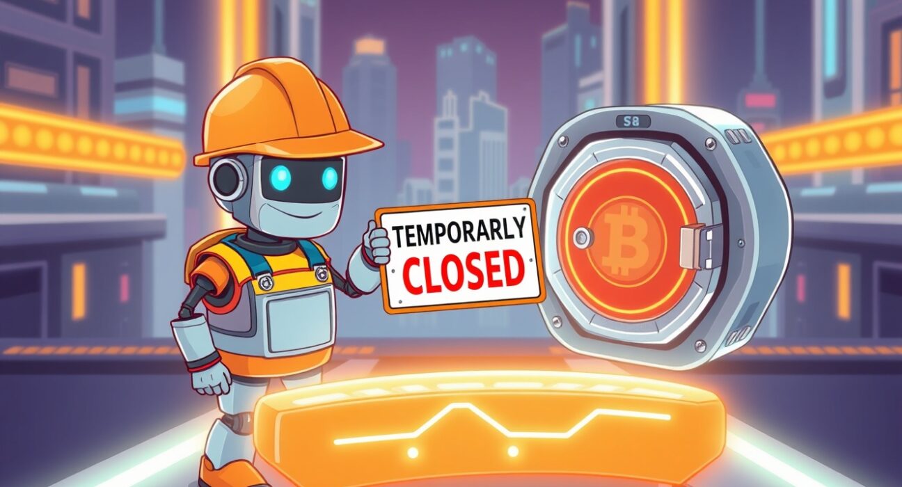 A cartoon illustration explaining the temporary Bithumb SCR suspension for network maintenance.