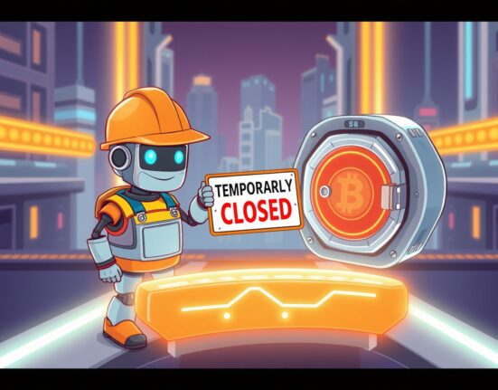 A cartoon illustration explaining the temporary Bithumb SCR suspension for network maintenance.