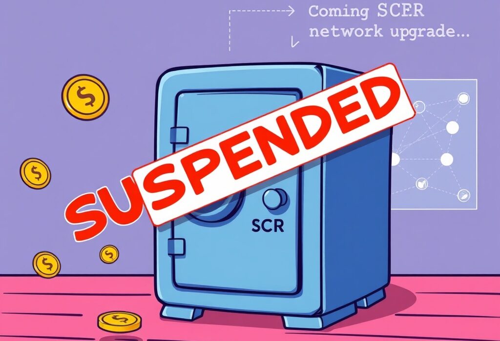 A cartoon image showing a digital vault temporarily closed, symbolizing the Bithumb SCR suspension for deposits and withdrawals.