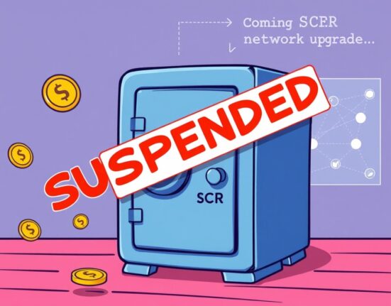 A cartoon image showing a digital vault temporarily closed, symbolizing the Bithumb SCR suspension for deposits and withdrawals.