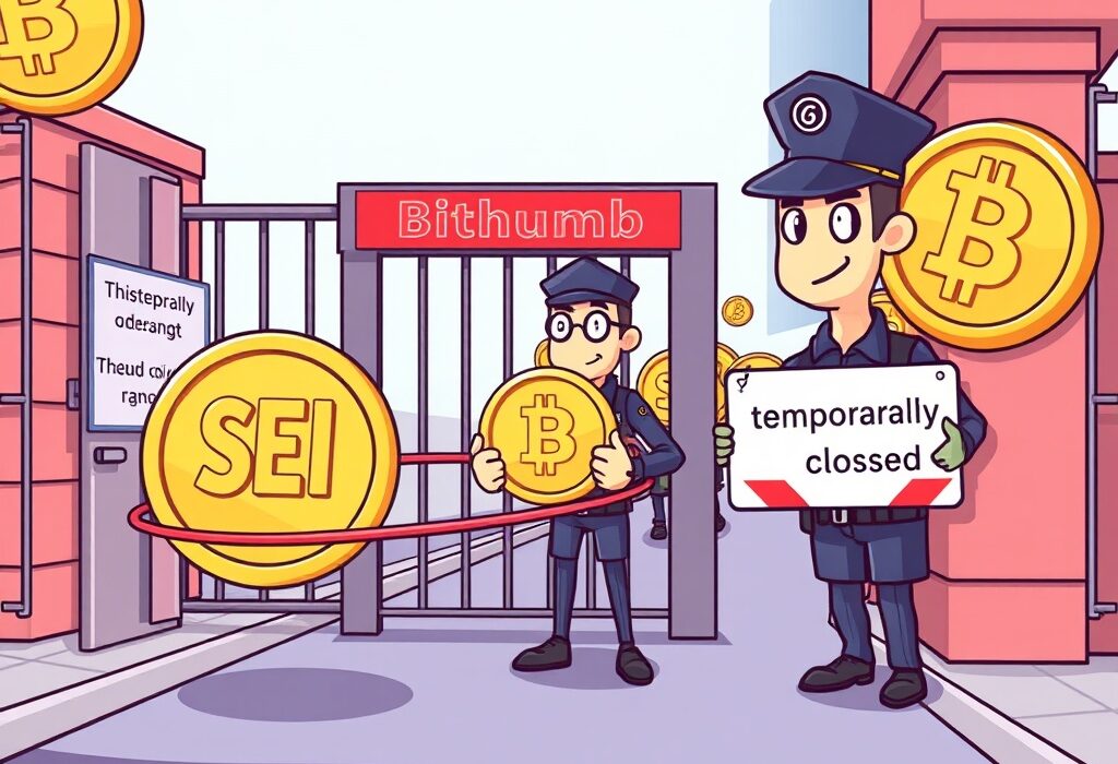 Cartoon illustration depicting Bithumb SEI suspension, showing a temporary halt of SEI coin transactions at a crypto exchange gate.