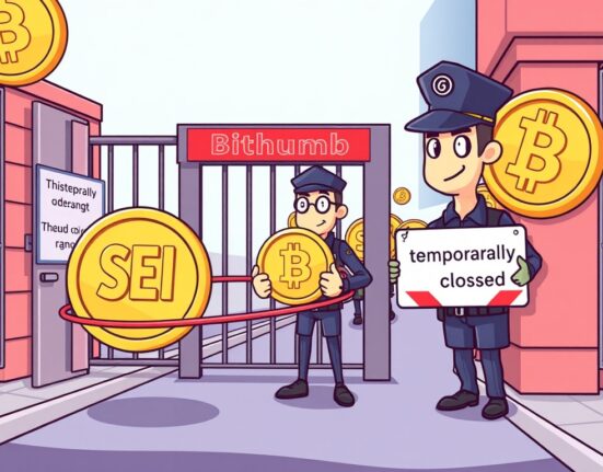 Cartoon illustration depicting Bithumb SEI suspension, showing a temporary halt of SEI coin transactions at a crypto exchange gate.