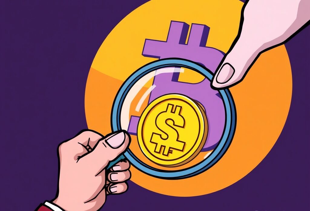 A cartoon hand scrutinizes a digital coin representing Bithumb Self Chain, symbolizing careful asset monitoring by an exchange.