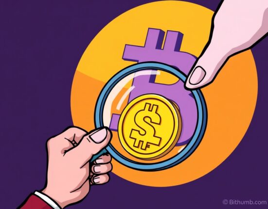 A cartoon hand scrutinizes a digital coin representing Bithumb Self Chain, symbolizing careful asset monitoring by an exchange.