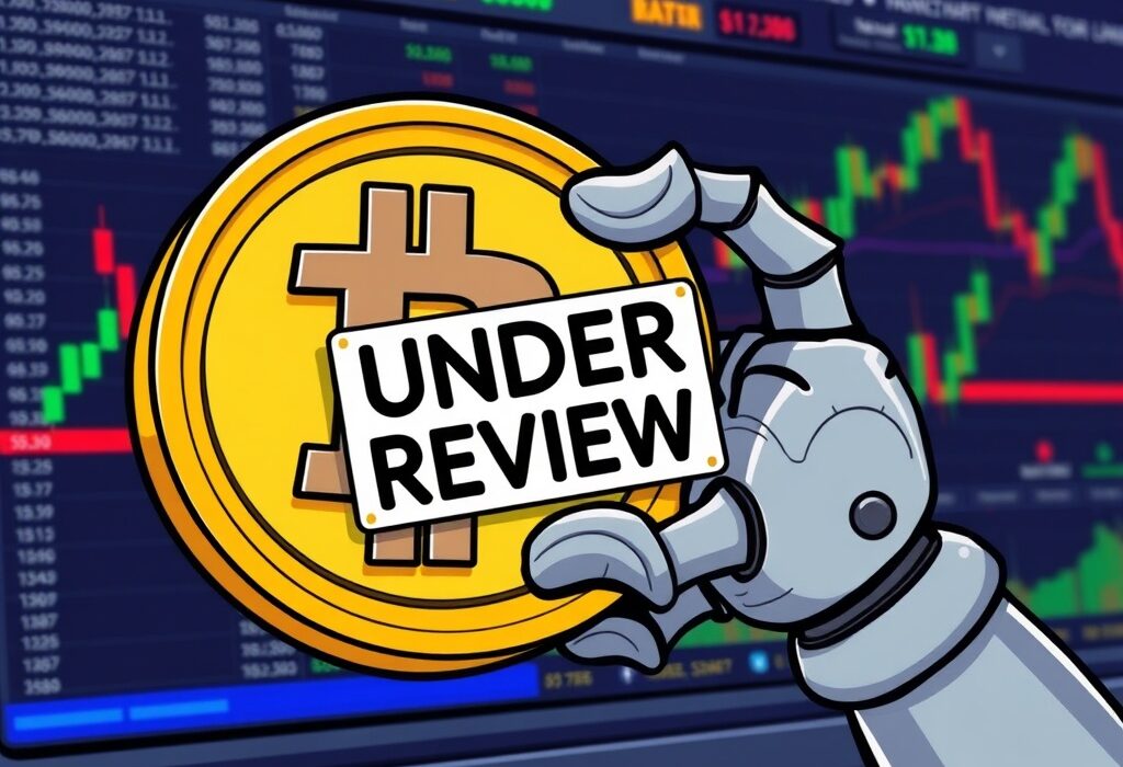 Cartoon illustration showing a warning sign over a crypto coin, symbolizing Bithumb SLF monitoring and asset review.