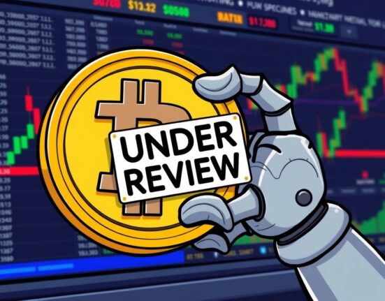 Cartoon illustration showing a warning sign over a crypto coin, symbolizing Bithumb SLF monitoring and asset review.