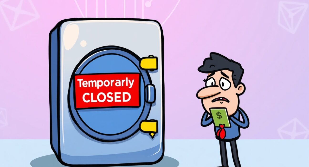 An illustration showing a paused crypto withdrawal process, symbolizing the Bithumb SLF withdrawals suspension due to network issues.