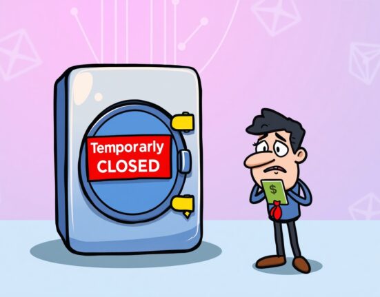 An illustration showing a paused crypto withdrawal process, symbolizing the Bithumb SLF withdrawals suspension due to network issues.