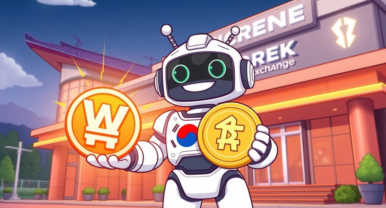 Cartoon illustration of the Bithumb STABLE listing as a robot presents a stablecoin and Korean won.